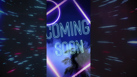 Animation of neon Coming Soon text with palm trees and futuristic light streaks