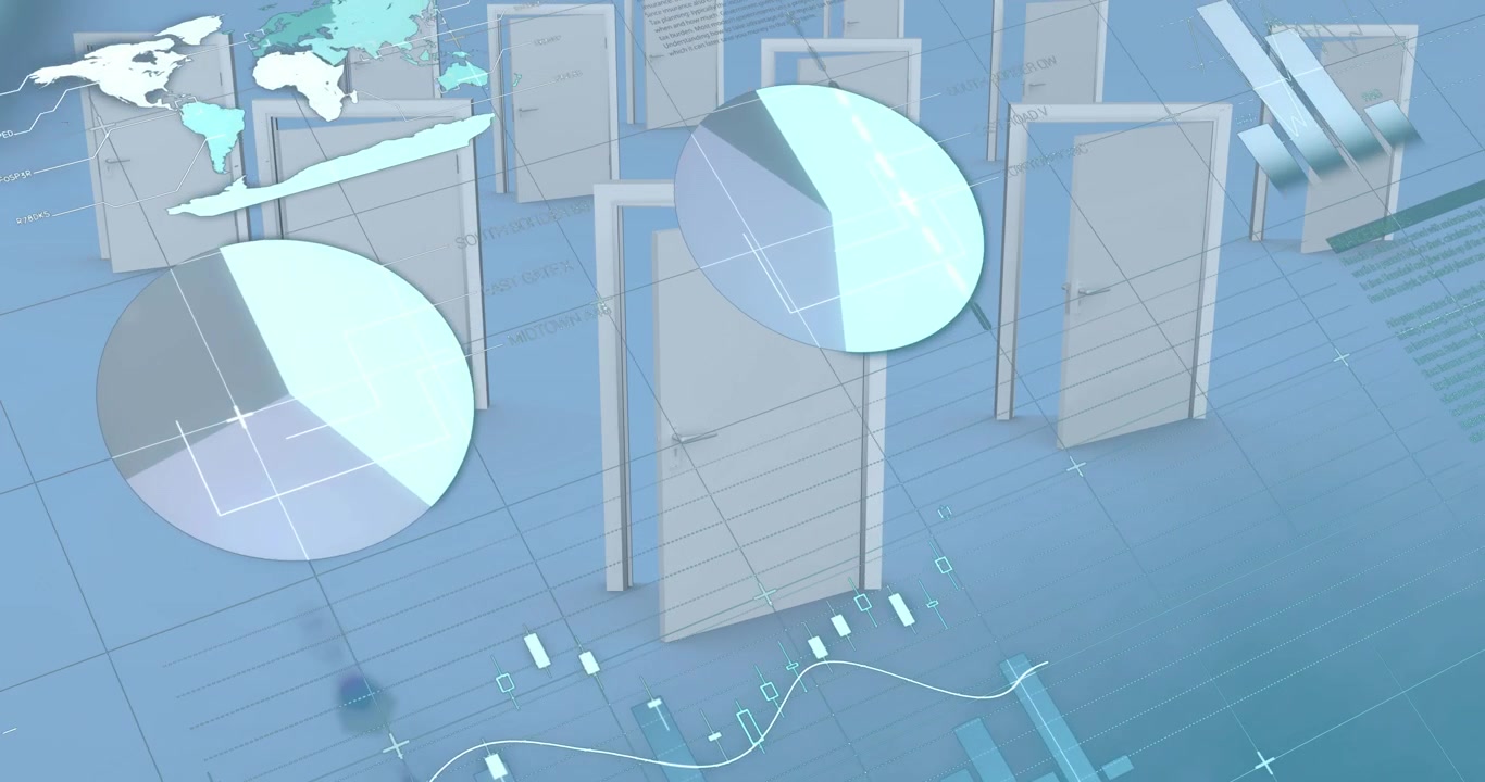 Animation of statistics with data processing over doors on blue background