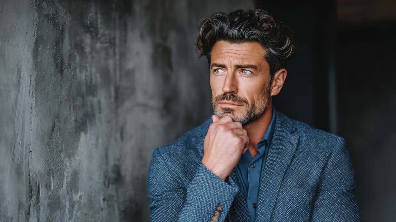 A Thoughtful Man in Stylish Attire: Captured Moments of Contemplation and Reflection Against a Minimalist Background