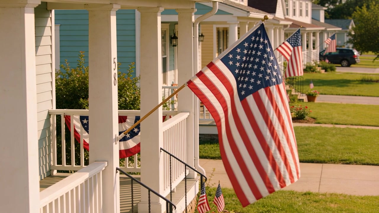 Fluttering large American flag on angled pole responding to light breeze at porch, with bunting