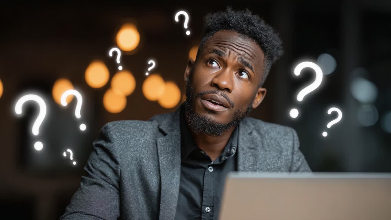 A pensive man in a blazer contemplates while surrounded by glowing question marks, reflecting uncertainty and the quest for understanding in a modern workspace