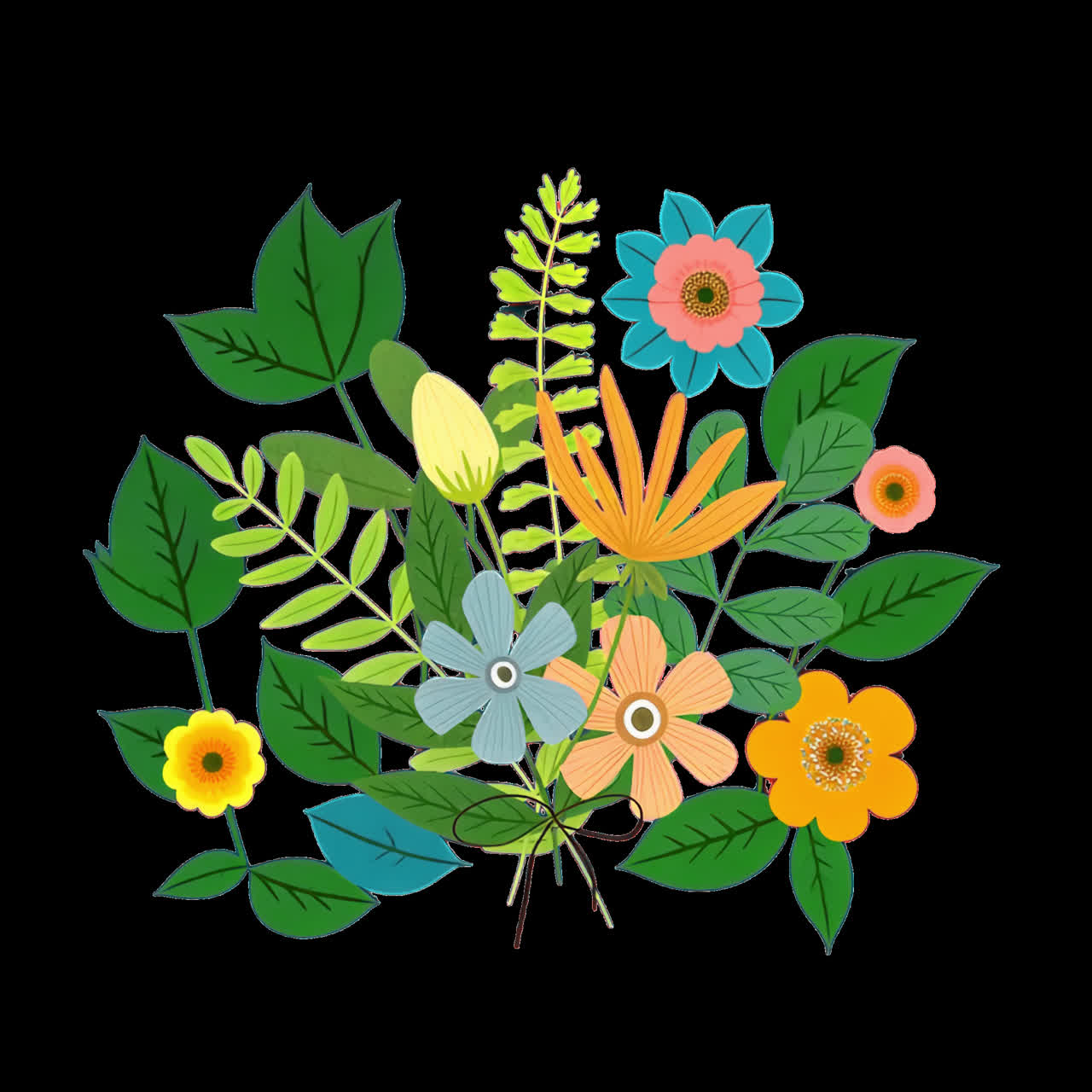 Colorful floral illustration art animation isolated asset, transparent 4K video, alpha channel