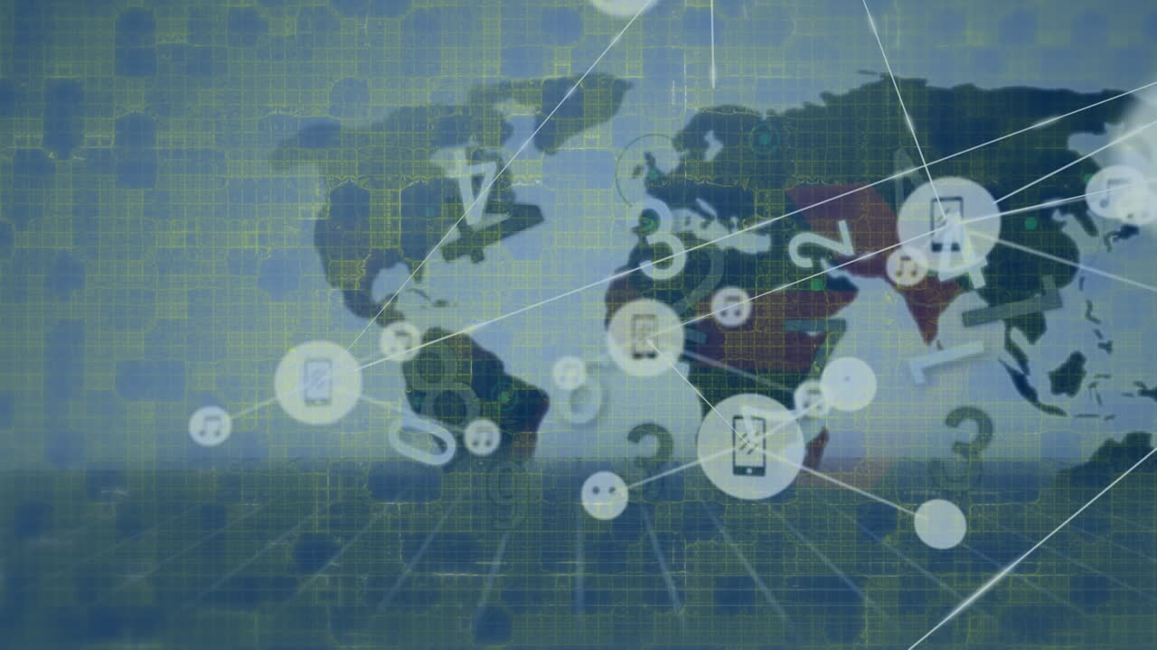 세계 지도 위의 연결 네트워크와 아이콘의 애니메이션