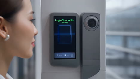 woman using a biometric facial recognition security system for access control