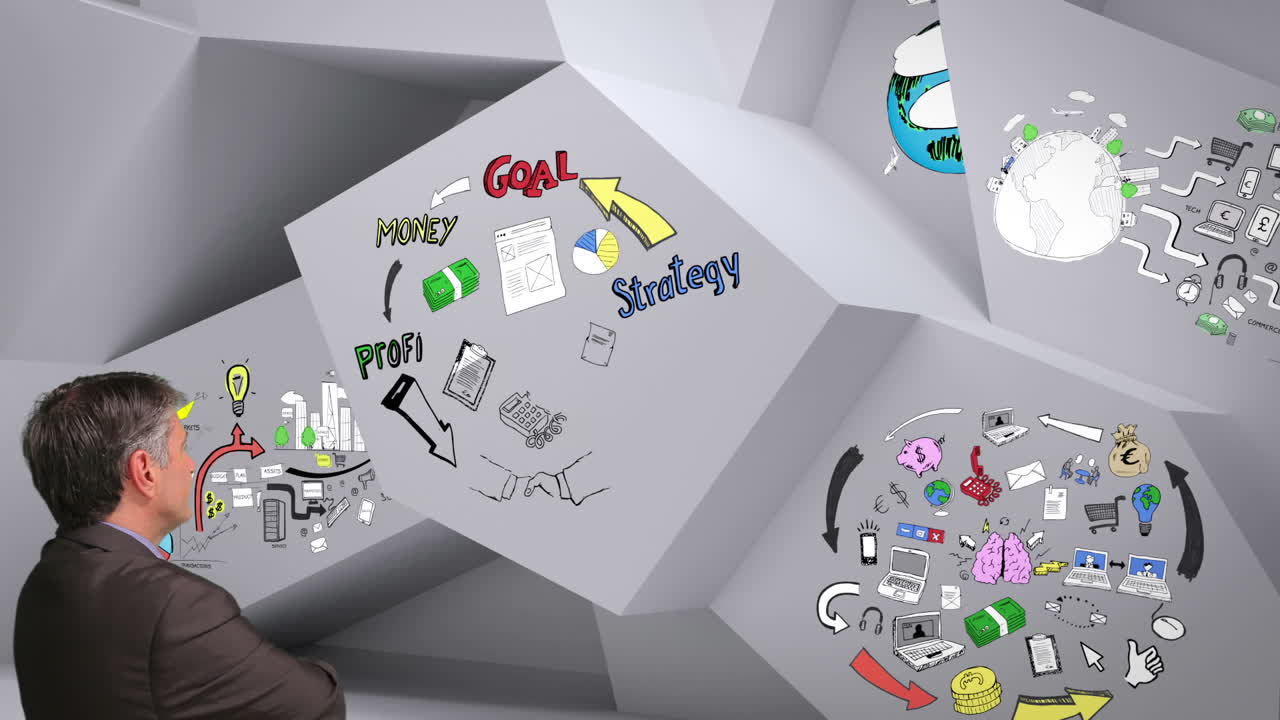 animación que muestra el ciclo del plan de negocios en la habitación 3d y el hombre observando