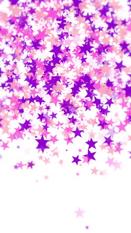 flying stars confetti holiday in pink violet purple on white. chaotic holiday decor backdrop. magical starry bright loop animation. vertical video.