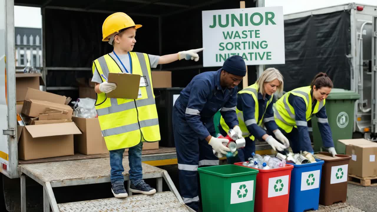 Young Boy Directs Adults in Junior Waste Sorting Initiative