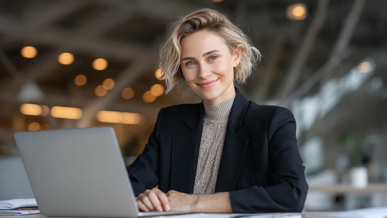 Giovane donna sicura di sé in abbigliamento professionale, impegnata a lavorare al laptop in un moderno ufficio, che trasuda professionalità e concentrazione con un sorriso caloroso