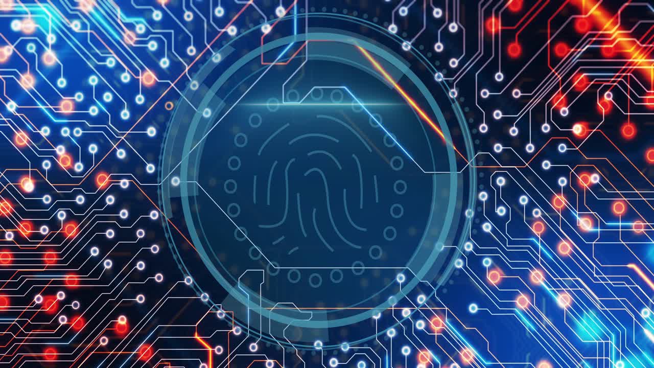 On load fingerprint HUD expanding and scanning, circuit traces pulsing, nodes lighting for security