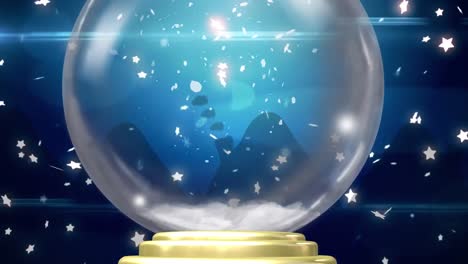 animation of christmas snow globe with snow falling on blue background