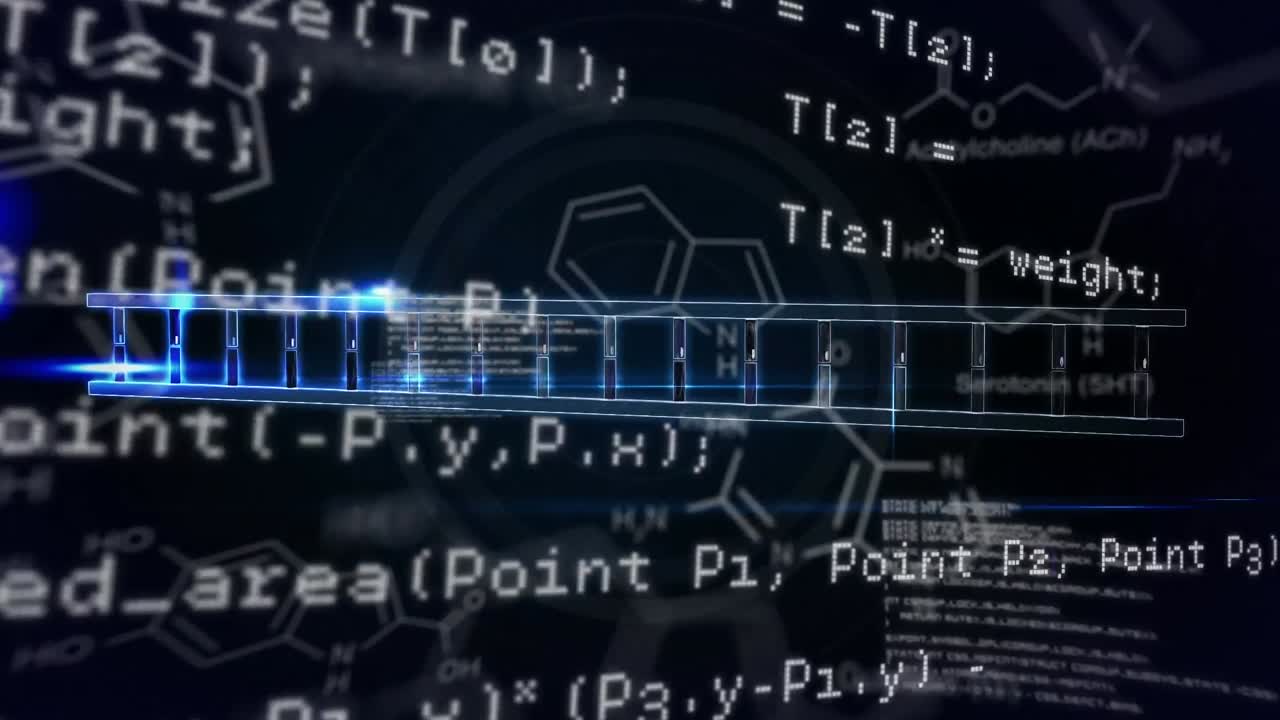 Animation of diverse data processing and dna on black background