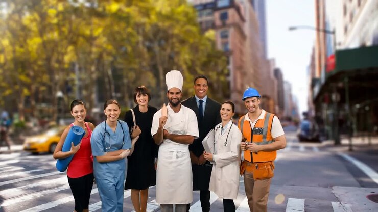 People with different occupations smiling in the street