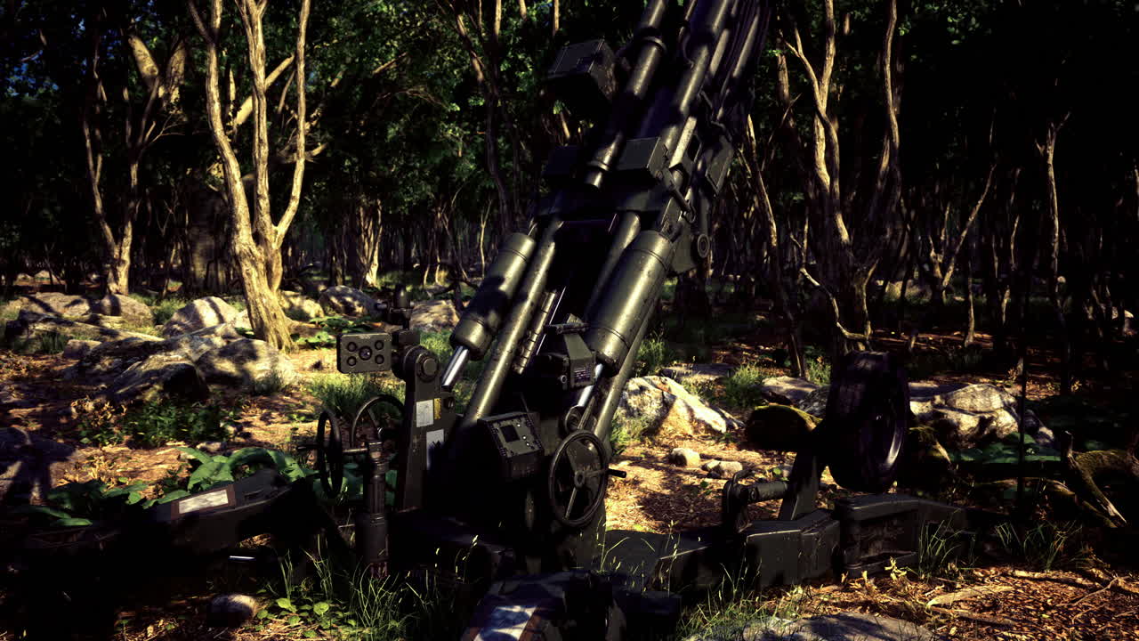 Military artillery positioned in a lush forest landscape at dusk