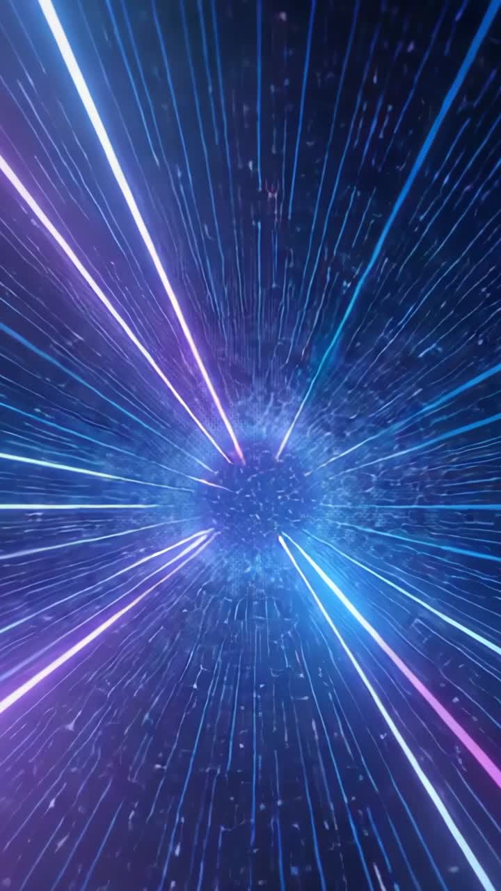 Vertical video: Starting glowing blue sphere radiating beams in digital void, growing energy