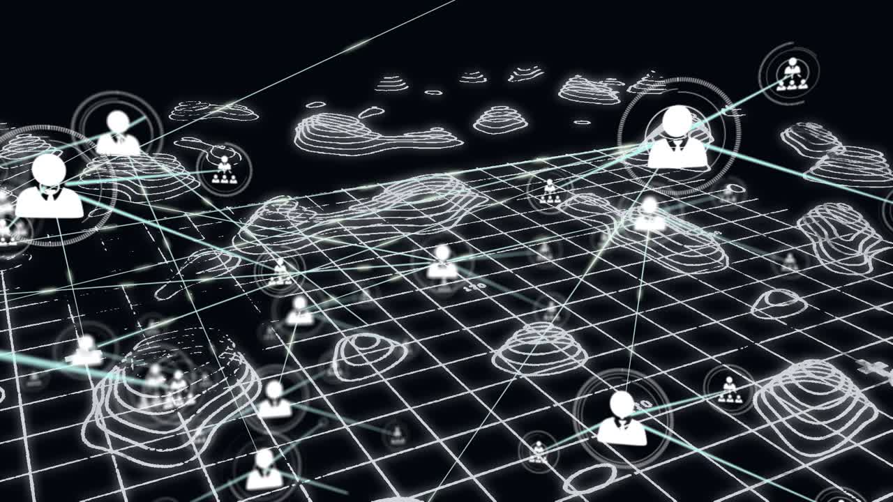 Animation of network of connections with icons over 3d digital landscape