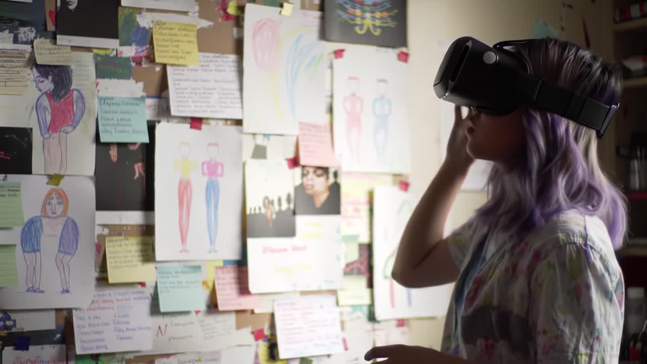 A young creator explores a vibrant workspace filled with sketches and notes while wearing a virtual reality headset. The environment showcases a strong artistic flair and creativity.