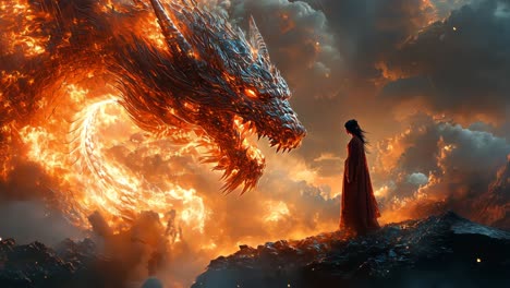 majestic dragon confronts fearless girl in a fiery landscape