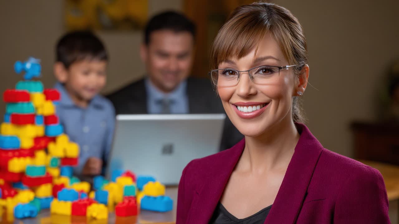 A Bright and Engaging Family Moment: A Mother Smiles While Her Son Constructs with Colorful Building Blocks in a Welcoming Indoor Space, Highlighted by Technology and Togetherness