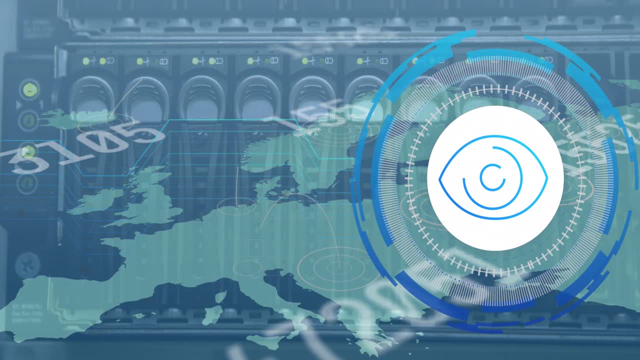 서버  위의 눈 아이콘과 세계 지도와 함께 데이터 처리의 애니메이션