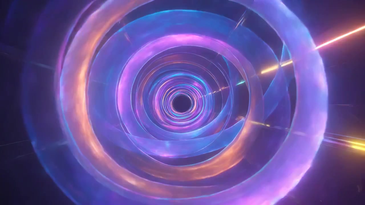 Pushing camera moving into CGI ring tunnel, revealing twisting ribbon, gold streaks and core