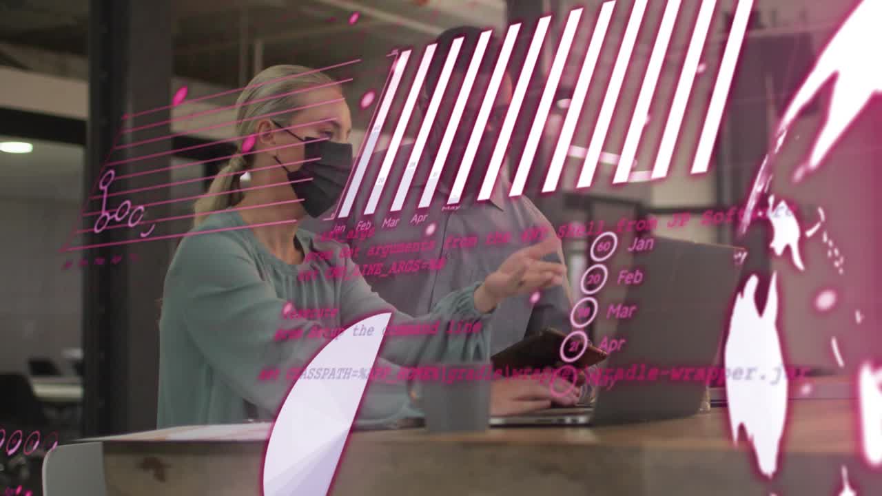 Woman typing, pointing laptop; man checking phone; pink graphs sweeping, guiding business review