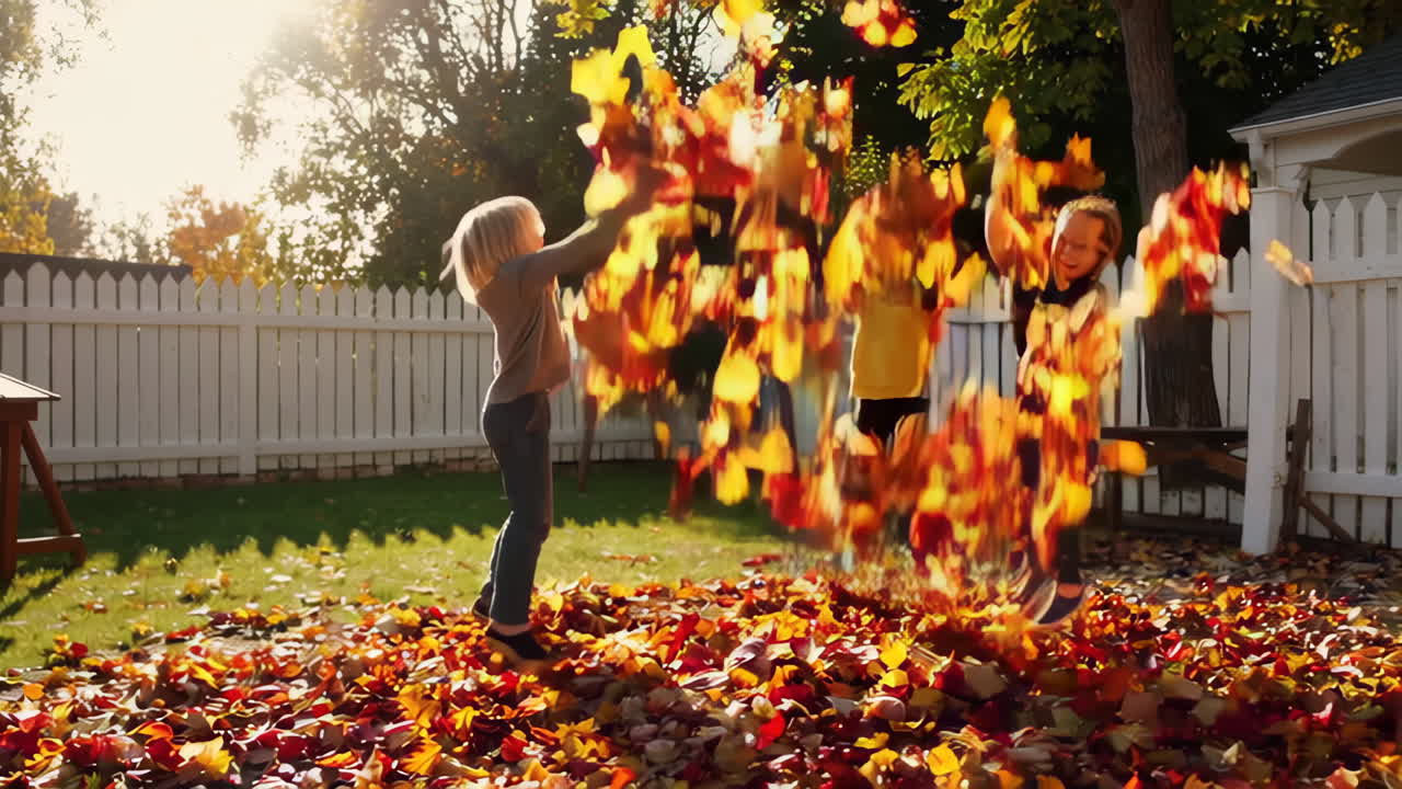 가을 잎 어리 에서 놀고 있는 아이 들