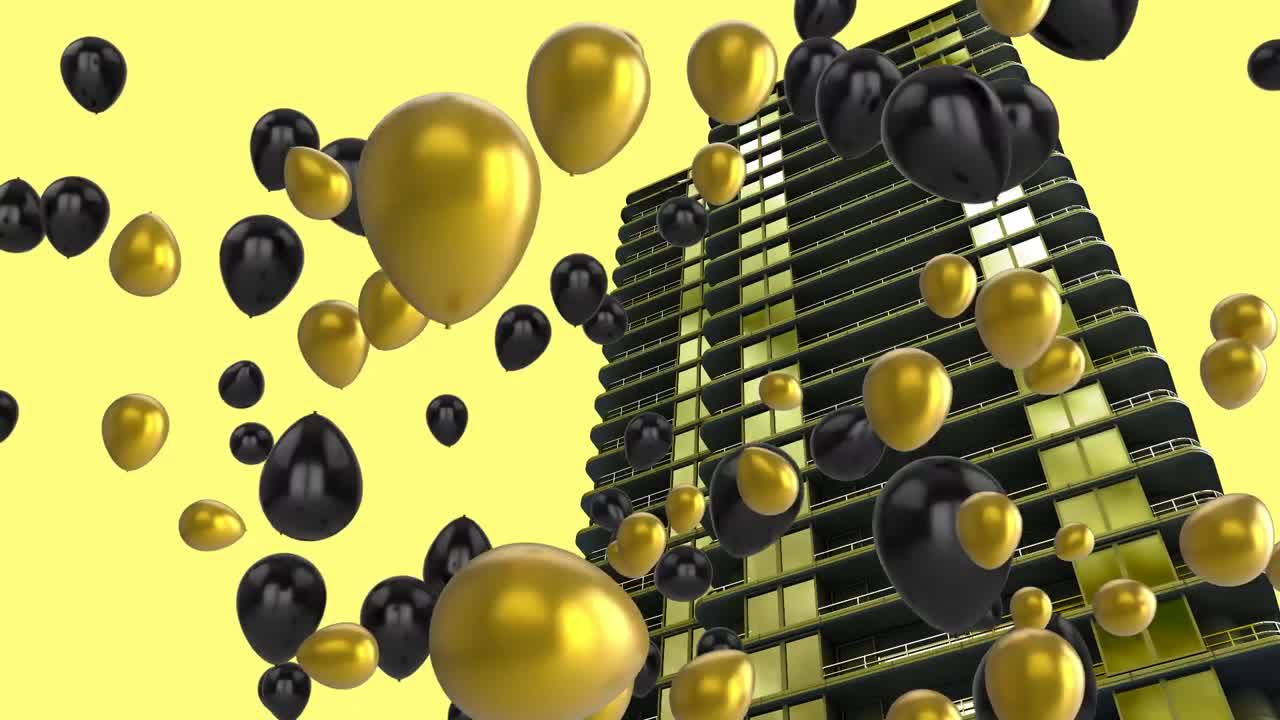 animación digital de varios globos flotando sobre un modelo de edificio 3d contra un fondo amarillo