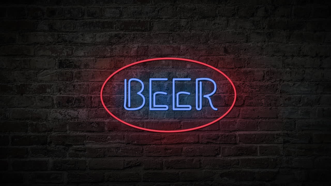 Flashing red and blue BEER sign on and off with flicker on a brick wall