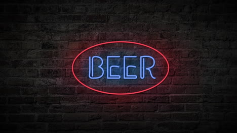 flashing red and blue beer sign on and off with flicker on a brick wall