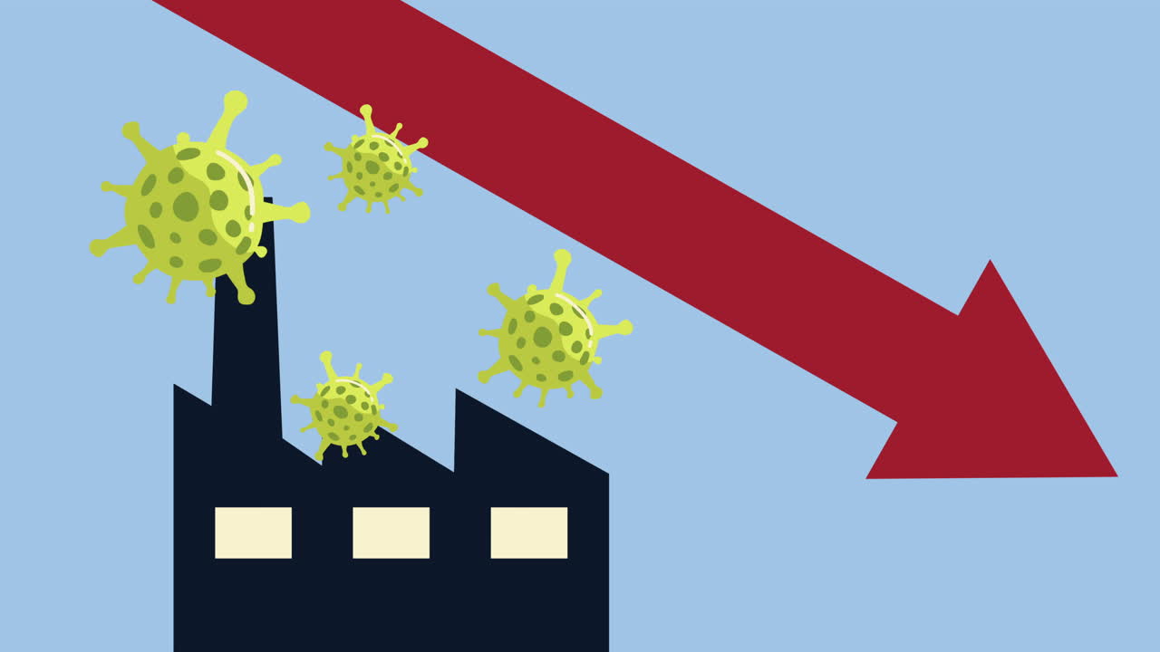 공장 건물과 통계에 대한 코로나19 입자 화살표 애니메이션