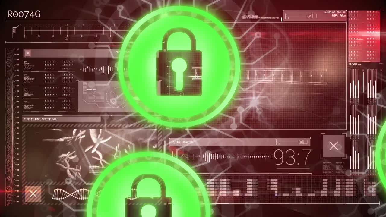 Animation of network of connections with padlock security icons over medical processing