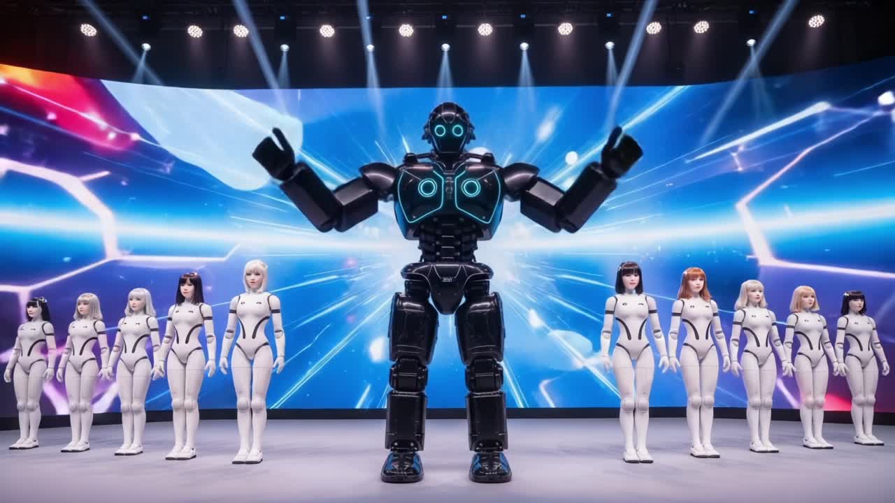A Futuristic Robotics Showcase Featuring an Advanced Robot Surrounded by Sleekly Designed Human-like Companions Under Vibrant Light Effects