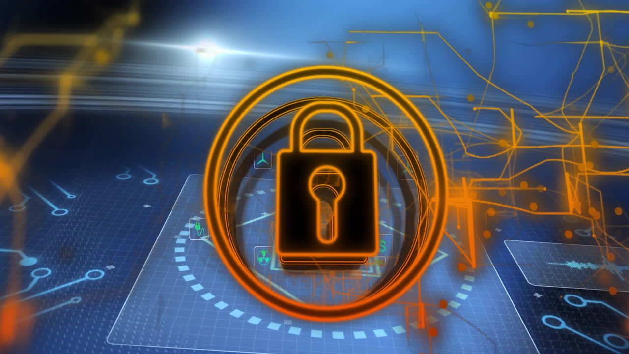 icono de candado digital sobre animación de seguridad de datos futurista