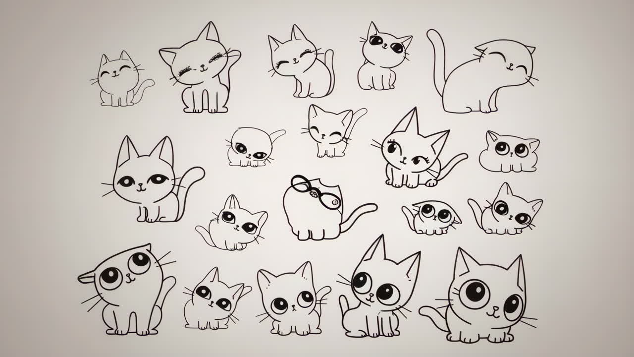Collection of Cute Cartoon Cat Line Drawings | Premium Stock Video Footage