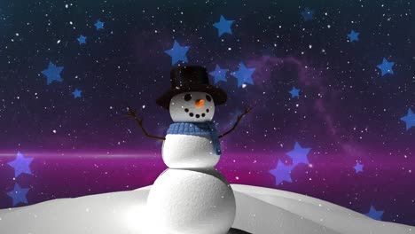 Snow-falling-over-snowman-on-winter-landscape-against-multiple-blue-star-icons-in-night-sky