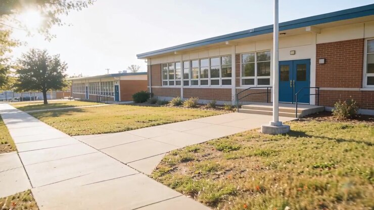 Panning camera moving toward school entrance at campus, bringing blue doors into focus, flagpole