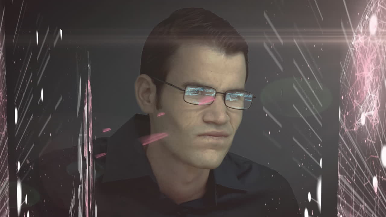 animación de redes de conexión y puntos flotando sobre el hacker masculino