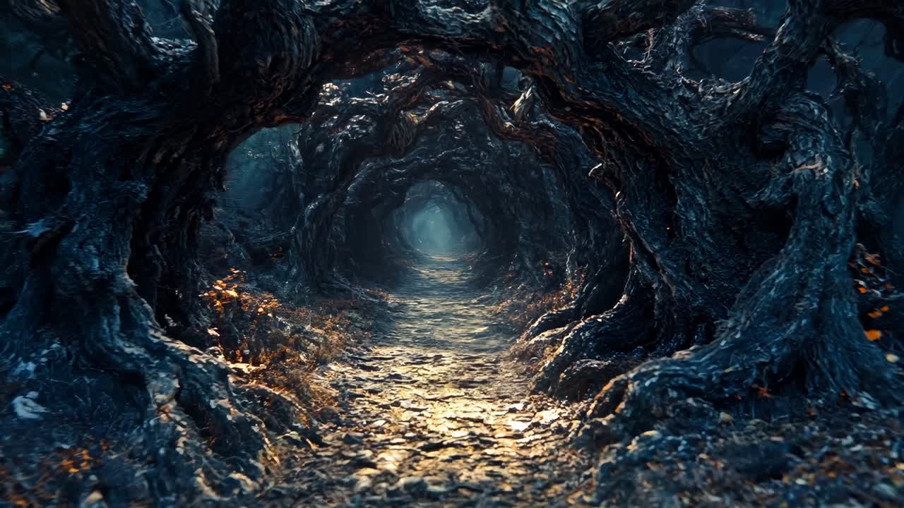 Un tunnel buio in mezzo a una foresta piena di alberi.