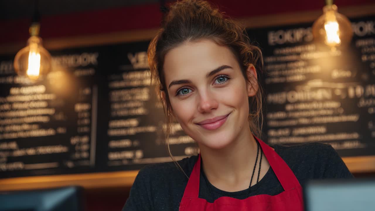 Un barista accogliente saluta i clienti con un sorriso caloroso in un bar confortevole, illuminato da luci calde e menu informativi sullo sfondo