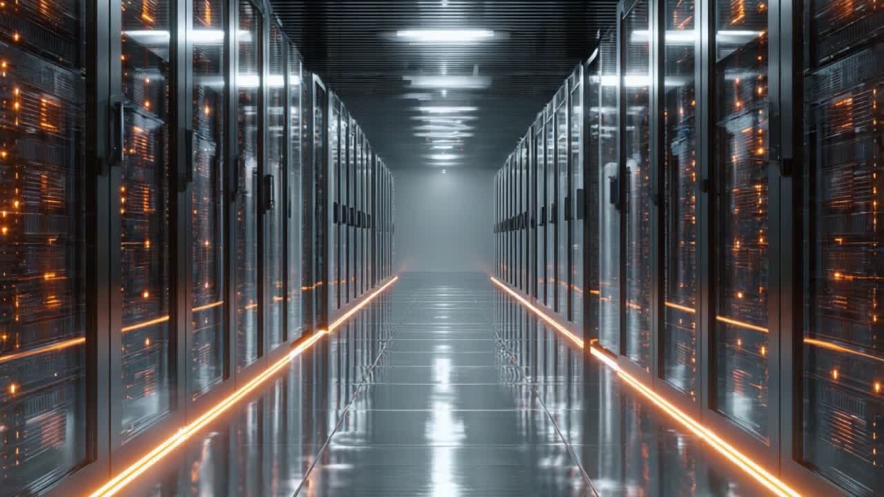 A High-Tech Data Center Corridor Highlighting Modern Server Racks with Impressive LED Lighting and Polished Floors, Creating a Futuristic Atmosphere in Technology Infrastructure