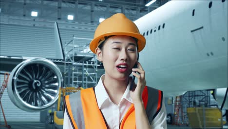 primer plano de una ingeniera asiática con casco de seguridad hablando en un teléfono inteligente mientras está de pie con un avión en el hangar