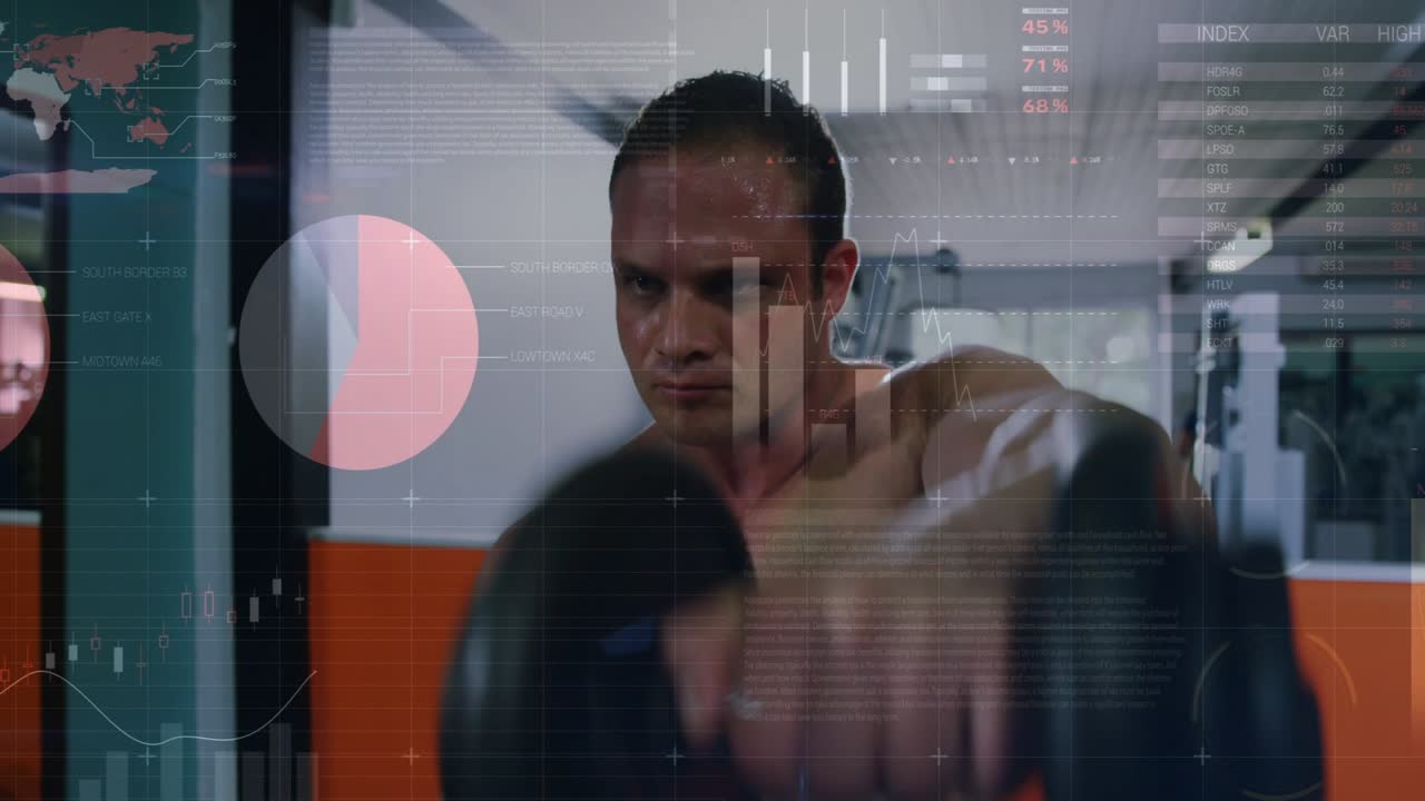 Male gym-goer adjusting grip and initiating dumbbell shoulder raises, HUD tracking performance data