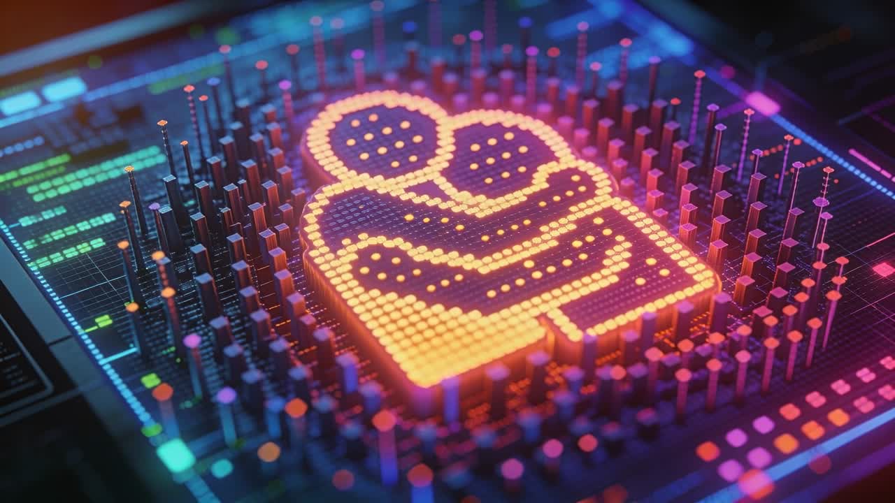 Lens zooming forward, glowing pixel icon in embrace pulsing on chip, pins signaling data