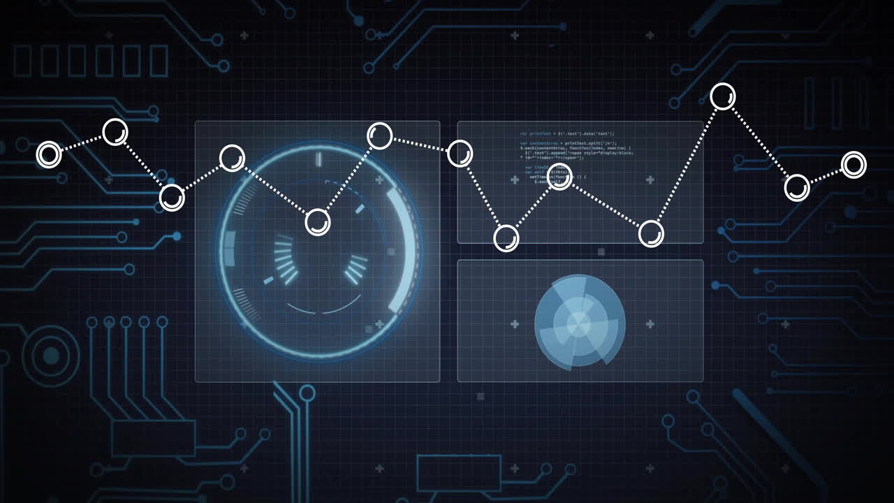 Futuristic digital interface animating over circuit grid, showing glowing HUD gauge and UI charts