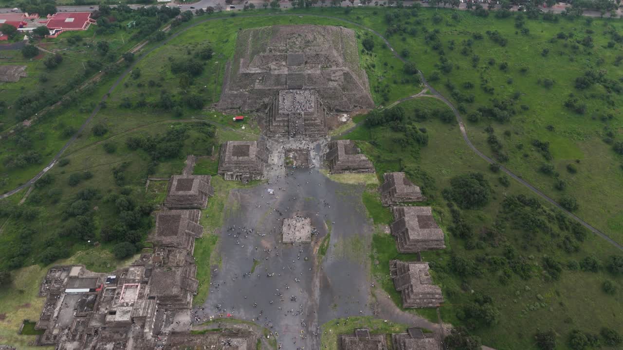 Drone tilt-up shot over the Pyramid of the Moon in Teotihuacan, Mexico