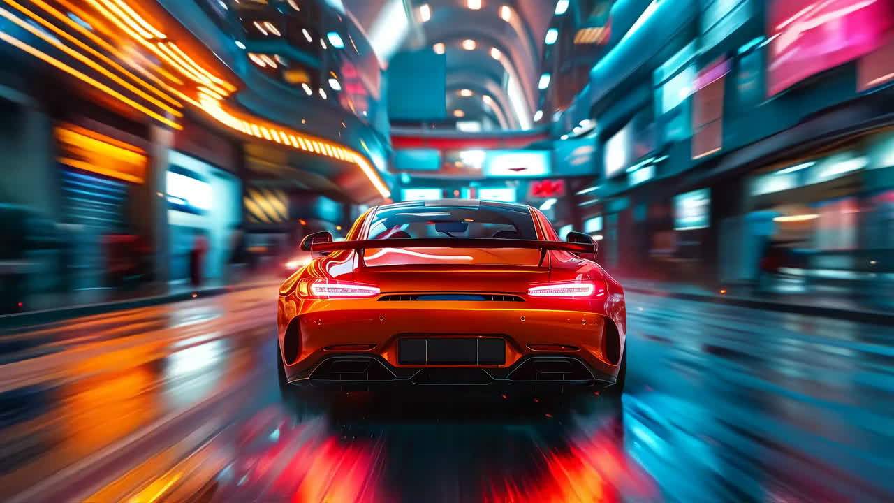 Night drive in a sports car. Bright city lights reflect on a sleek sports car as it speeds through a lively urban street at night