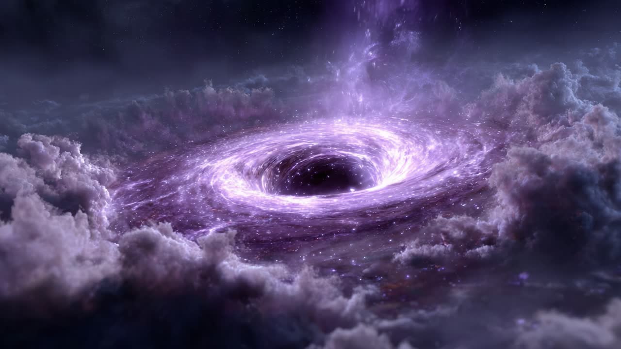 En fascinerende kosmisk hvirvel: En kunstnerisk gengivelse af et sort hul omgivet af æteriske skyer og en blændende stjernehimmel