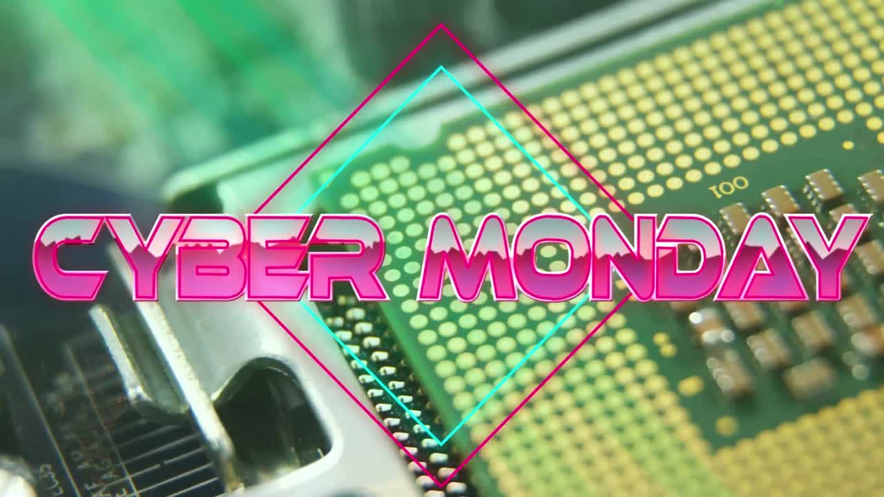 cyber montag text auf neon-banner gegen close-up von mikroprozessor-verbindungen auf dem motherboard