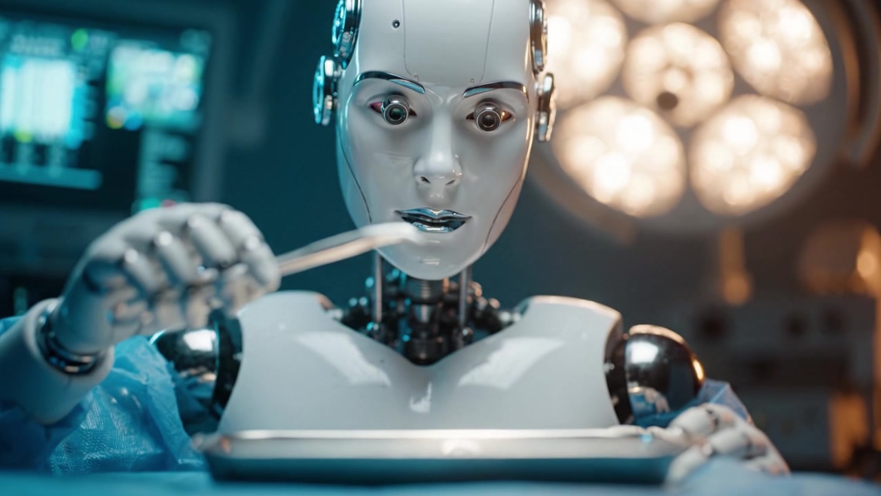 Robot chirurgico avanzato che esegue una procedura medica precisa con tempi di reazione e intelligenza migliorati in un ambiente di sala operatoria moderno