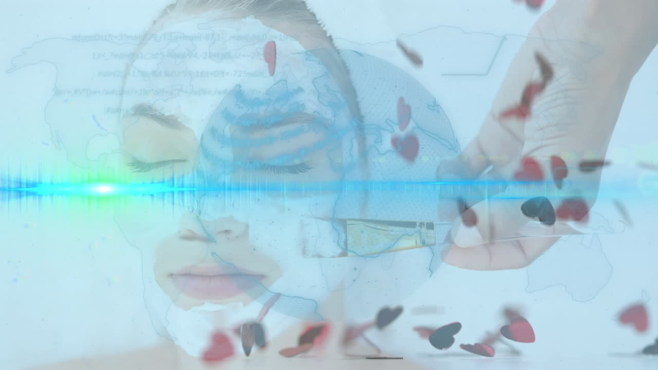 마스크를 쓴 백인 여성에 대한 데이터 처리의 애니메이션.